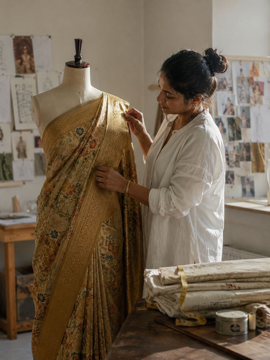Artisan draping a Banarasi silk saree in studio
