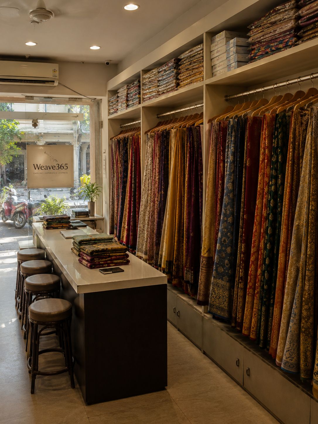 Premium brand designer showroom showcasing Banarasi sarees