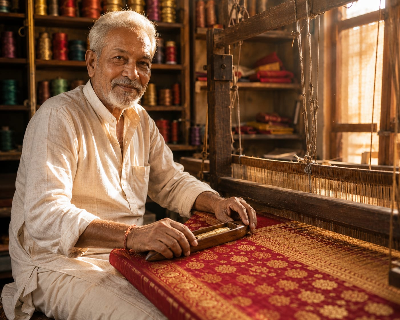 Artisan weaving Varanasi silk