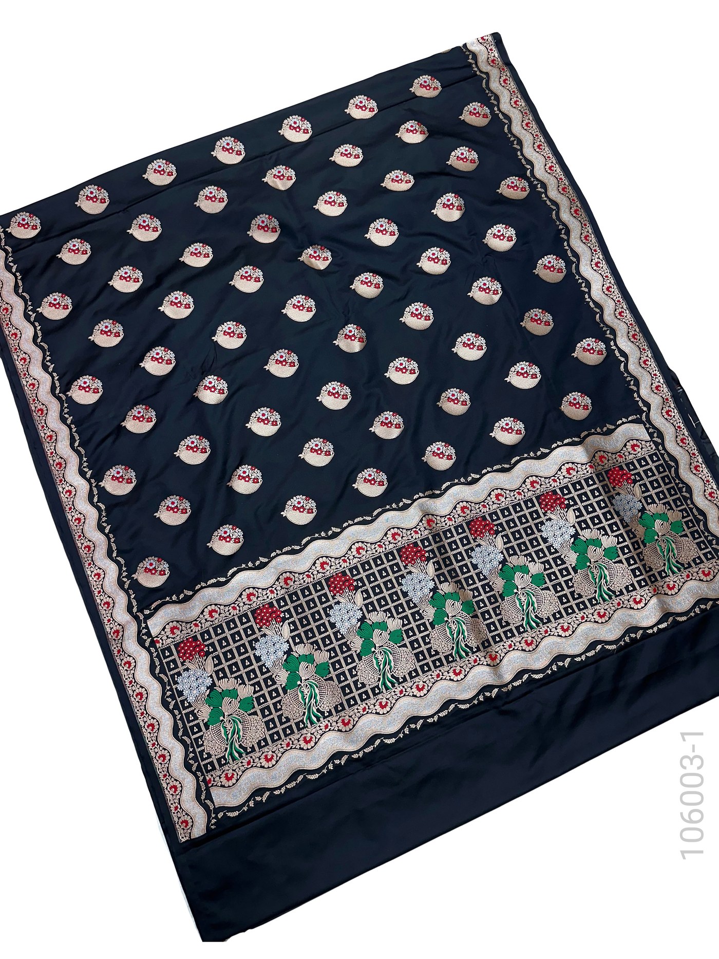 Mashru Silk Resham and Zari Alfi Buta Work Banarasi Saree fabric close-up