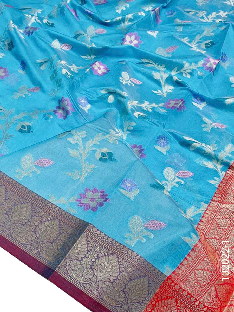 Cotton Resham and Zari Work Jaal Banarasi Saree fabric close-up