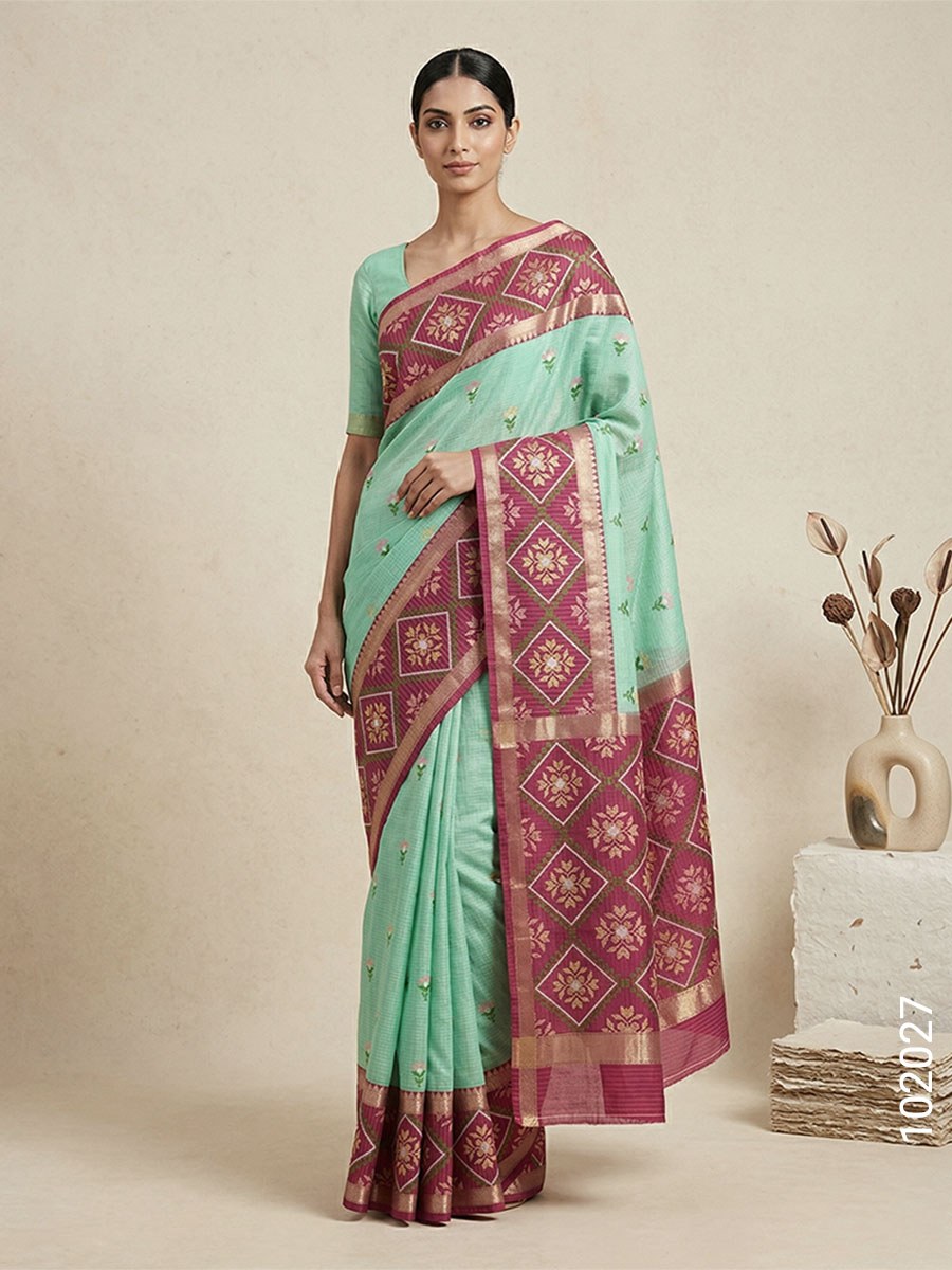 Cotton Embroidery Work Kota Checks Banarasi Saree