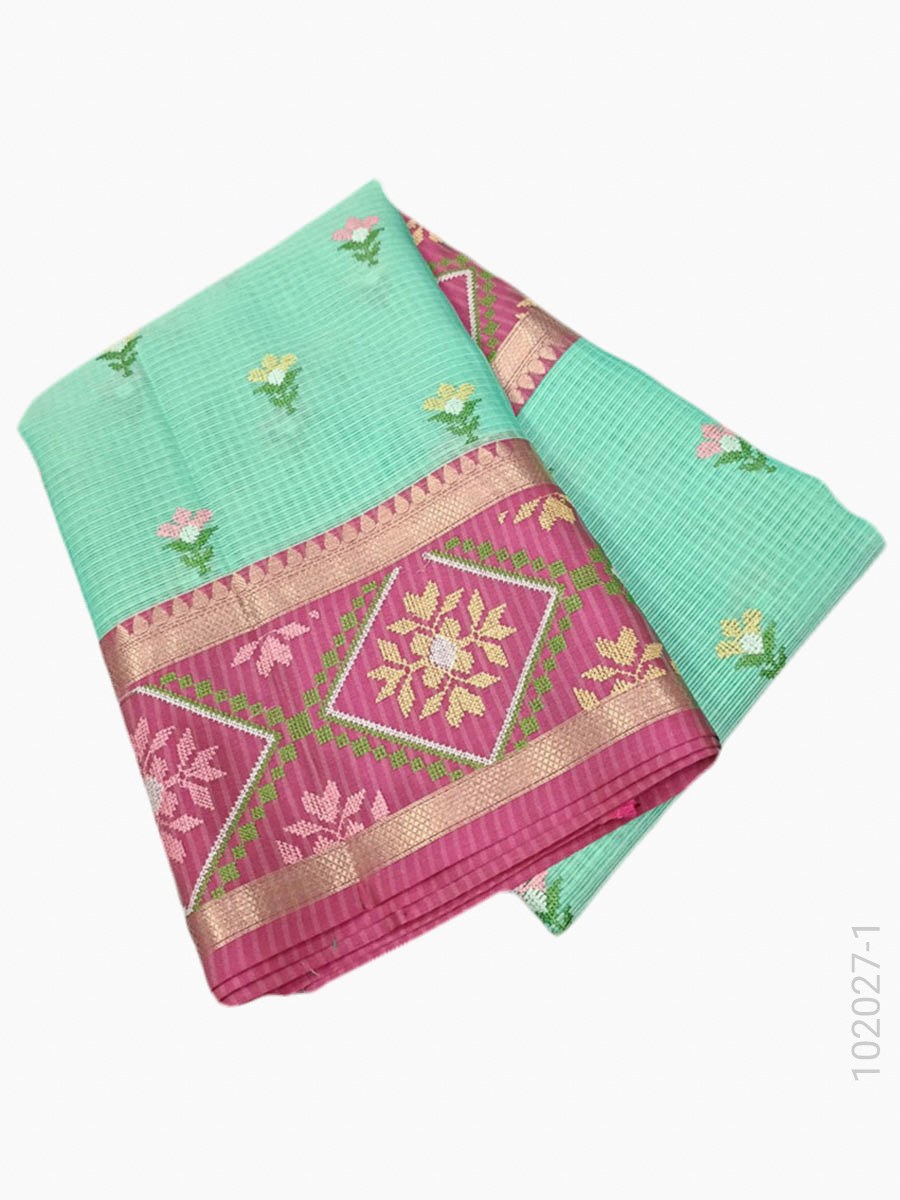 Cotton Embroidery Work Kota Checks Banarasi Saree fabric close-up