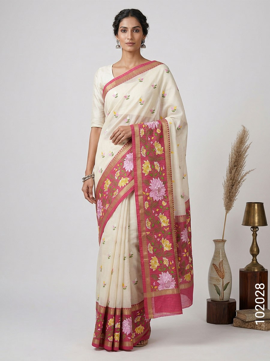 Cotton Embroidery Work Kota Checks Banarasi Saree