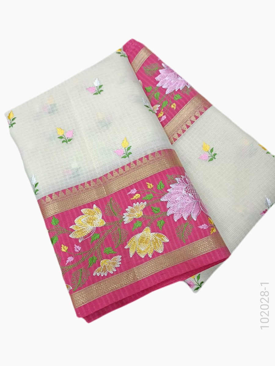 Cotton Embroidery Work Kota Checks Banarasi Saree fabric close-up