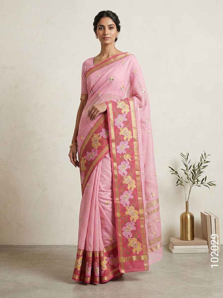 Cotton Embroidery Work Kota Checks Banarasi Saree