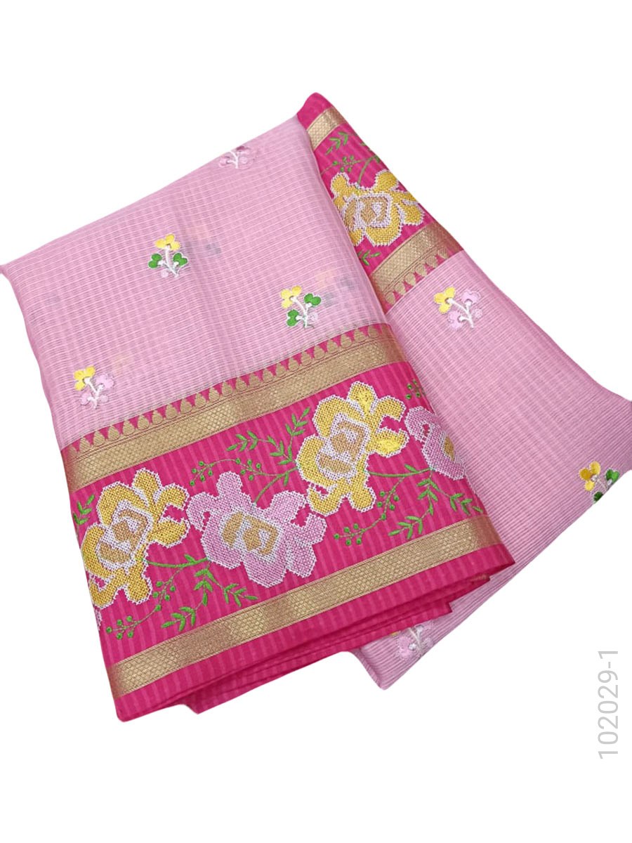 Cotton Embroidery Work Kota Checks Banarasi Saree fabric close-up