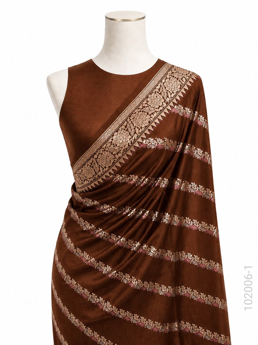 Katan Silk Zari Work Diagonal Stripe Banarasi Saree fabric close-up
