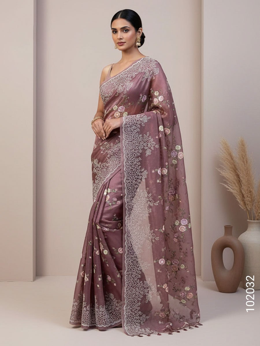 Kora Organza Embroidery Work Floral Banarasi Saree
