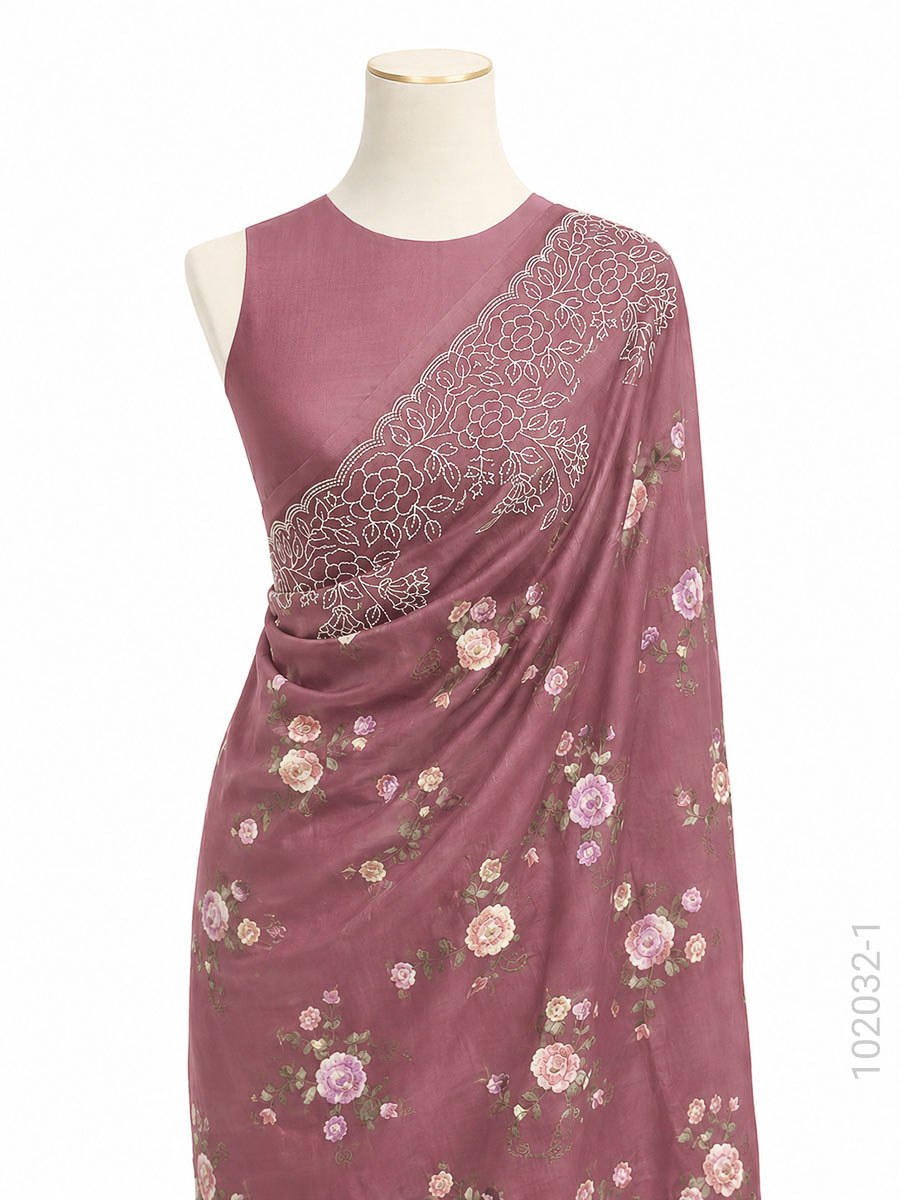 Kora Organza Embroidery Work Floral Banarasi Saree fabric close-up