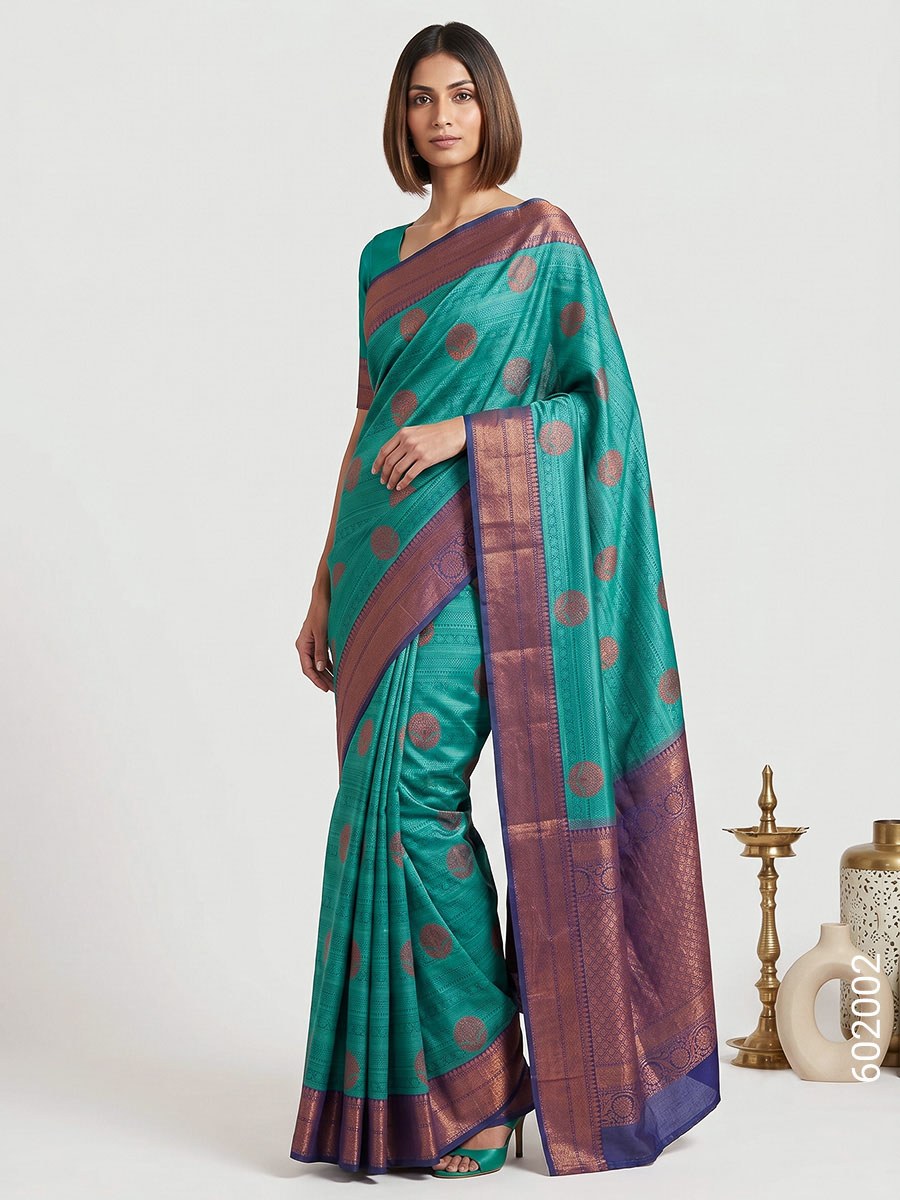 Teal Cotton Silk Zari Work Banarasi Saree