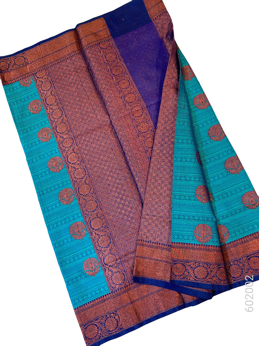 Teal Cotton Silk Zari Work Banarasi Saree fabric close-up