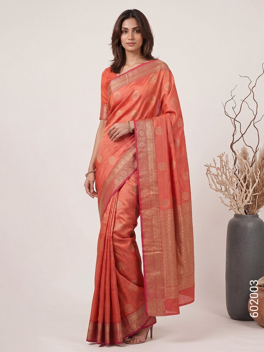 Peach Cotton Silk Zari Work Banarasi Saree