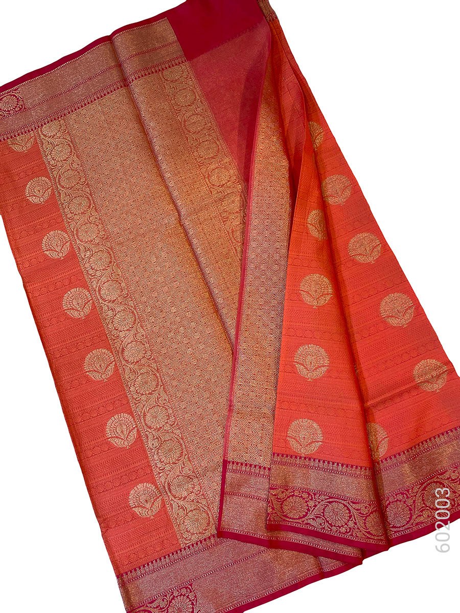 Peach Cotton Silk Zari Work Banarasi Saree fabric close-up