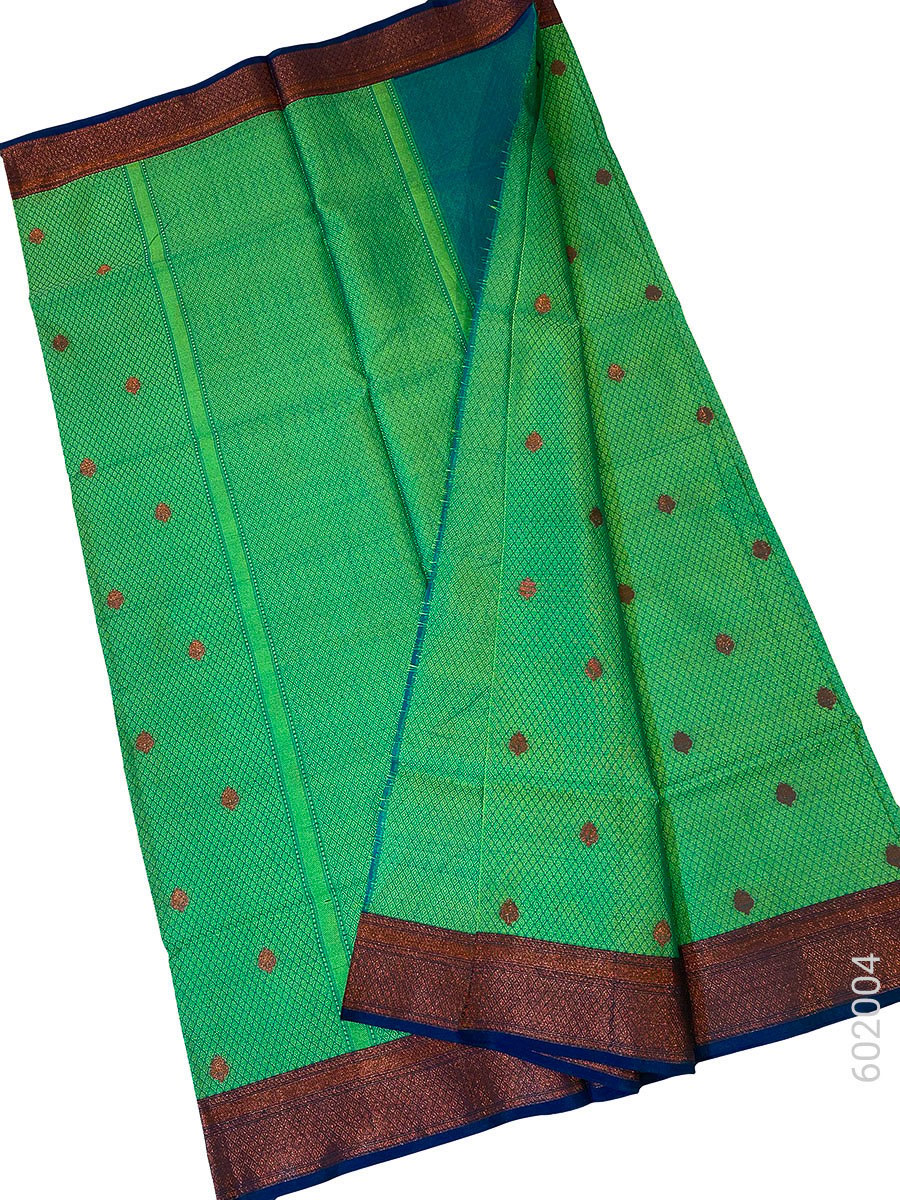 Green Cotton Silk Zari Work Banarasi Saree fabric close-up