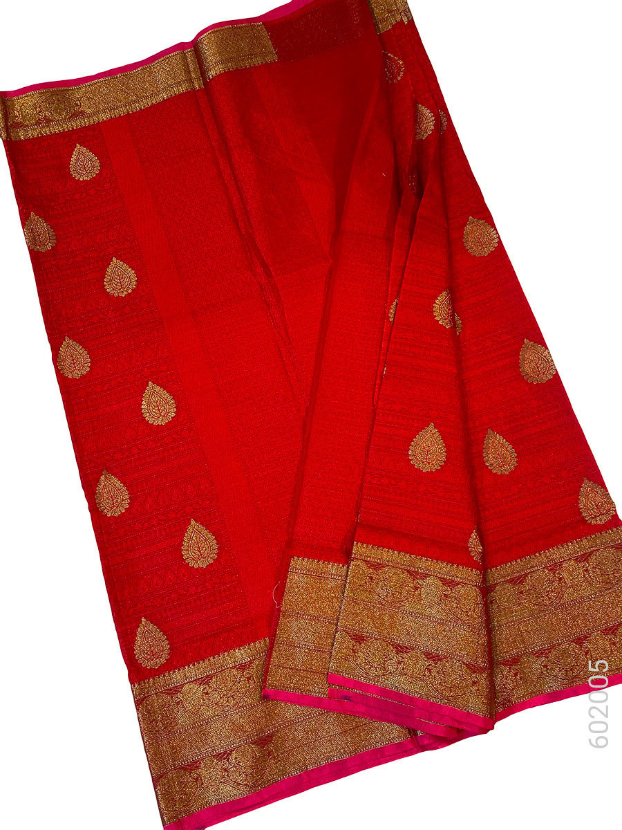 Red Zari Work Banarasi Saree in Cotton Silk fabric close-up