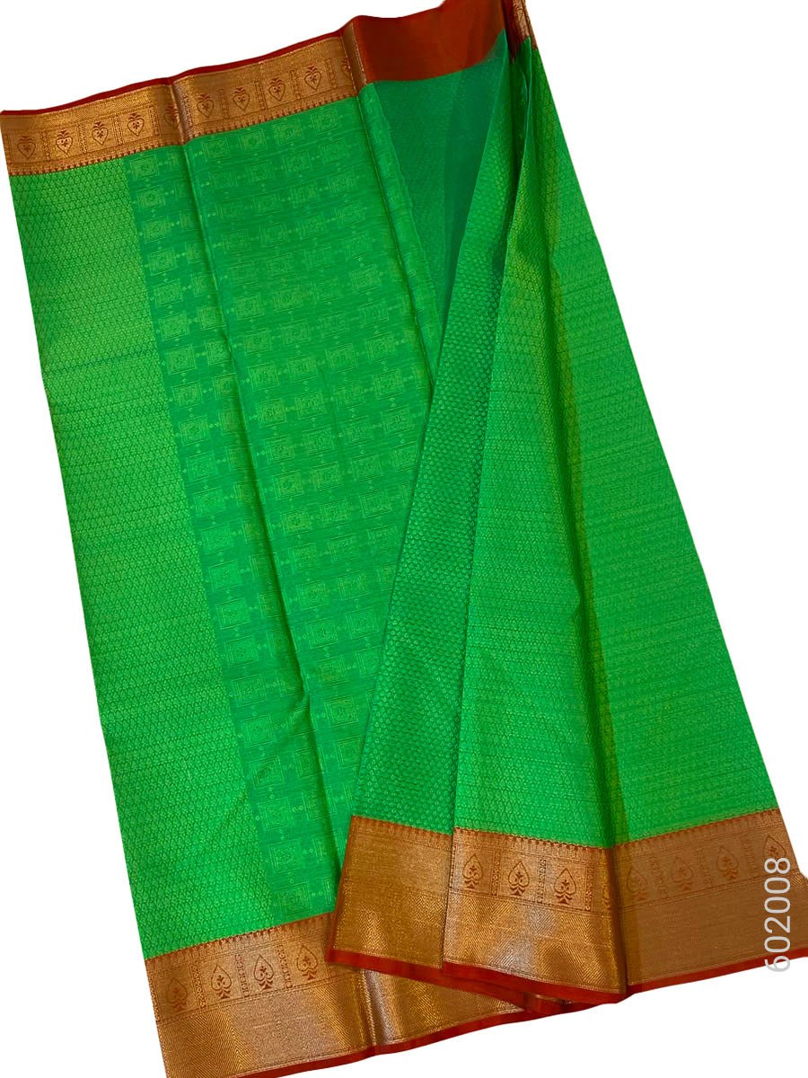 Green Cotton Silk Zari Work Banarasi Saree fabric close-up