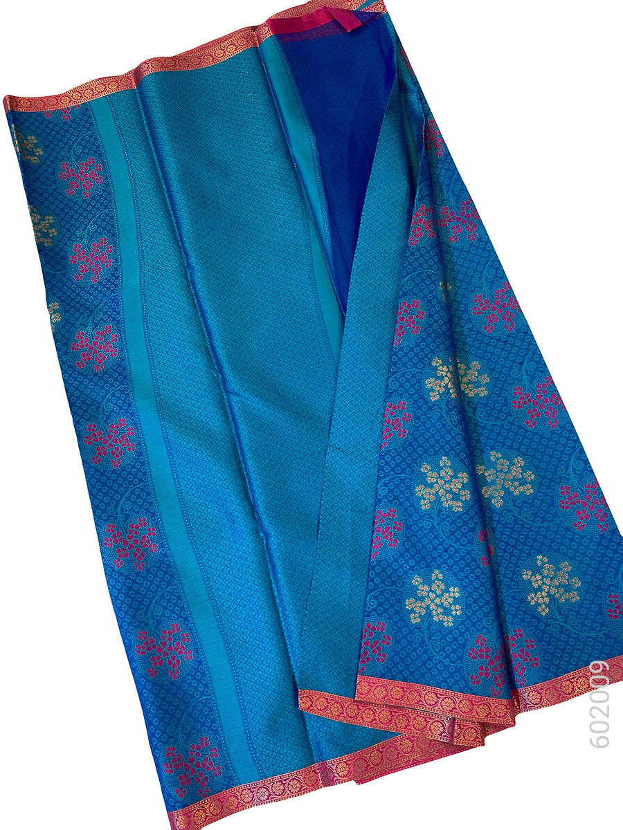 Blue Cotton Silk Zari Work Banarasi Saree fabric close-up