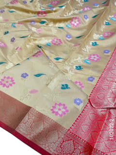 Cotton Resham and Zari Work Jaal Banarasi Saree view 3