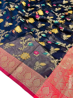 Cotton Resham and Zari Work Jaal Banarasi Saree view 9