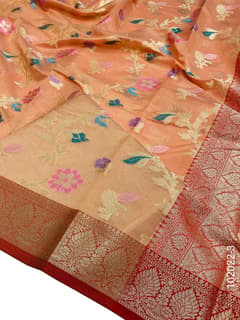 Cotton Resham and Zari Work Jaal Banarasi Saree view 4