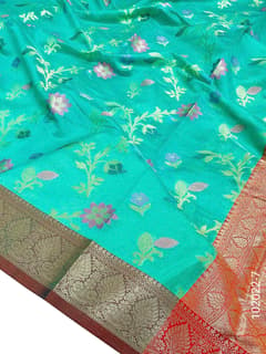 Cotton Resham and Zari Work Jaal Banarasi Saree view 8