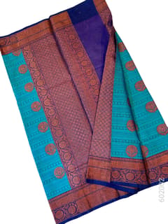 Teal Cotton Silk Zari Work Banarasi Saree view 2