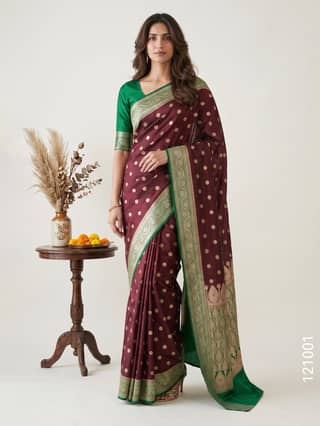 Brown Blend Satin Silk Zari Saree Wholesale