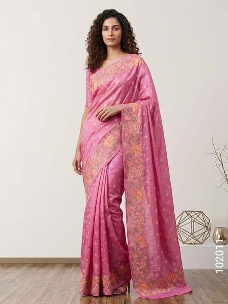Pink Faux Kora Organza Embroidery Saree Wholesale