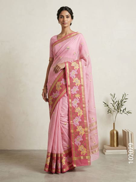 Pink Faux Cotton Embroidery Saree Wholesale