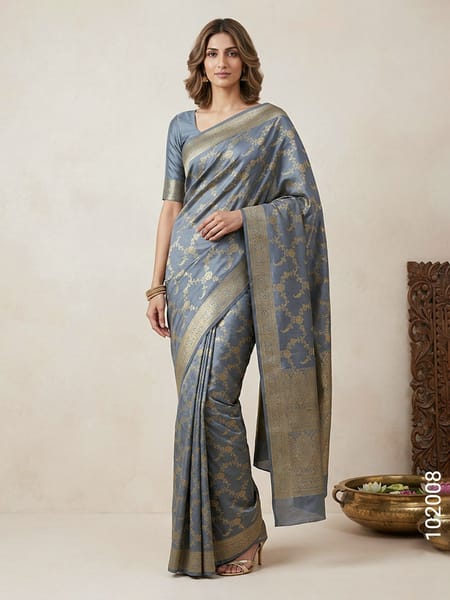 Grey Faux Soft Silk Zari Saree Wholesale