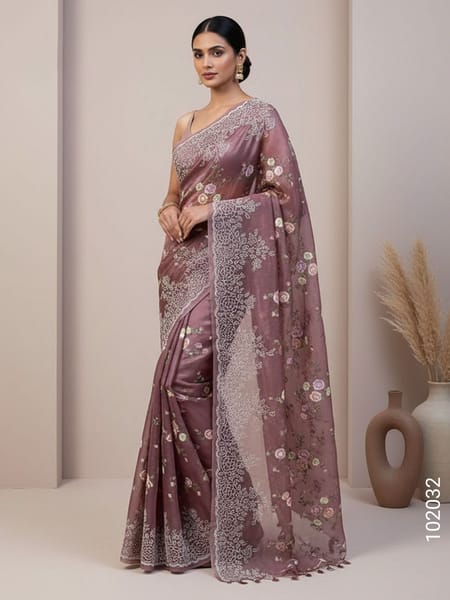 Mauve Faux Kora Organza Embroidery Saree Wholesale