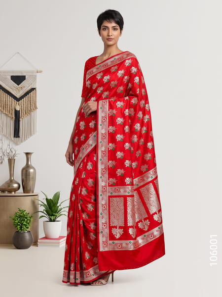 Red Blend Mashru Silk Resham and Zari Saree Wholesale