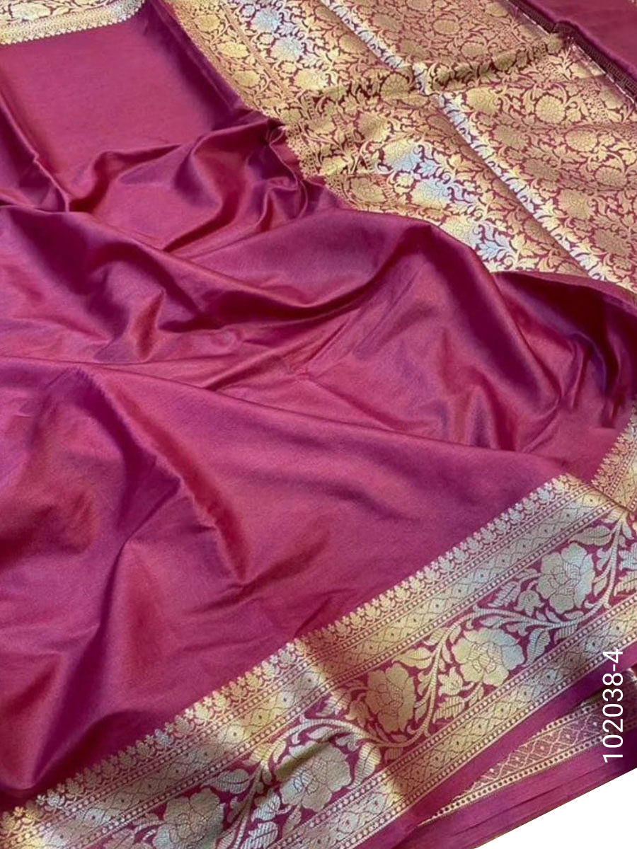 Soft Silk Zari Work Plain Banarasi Saree view 5
