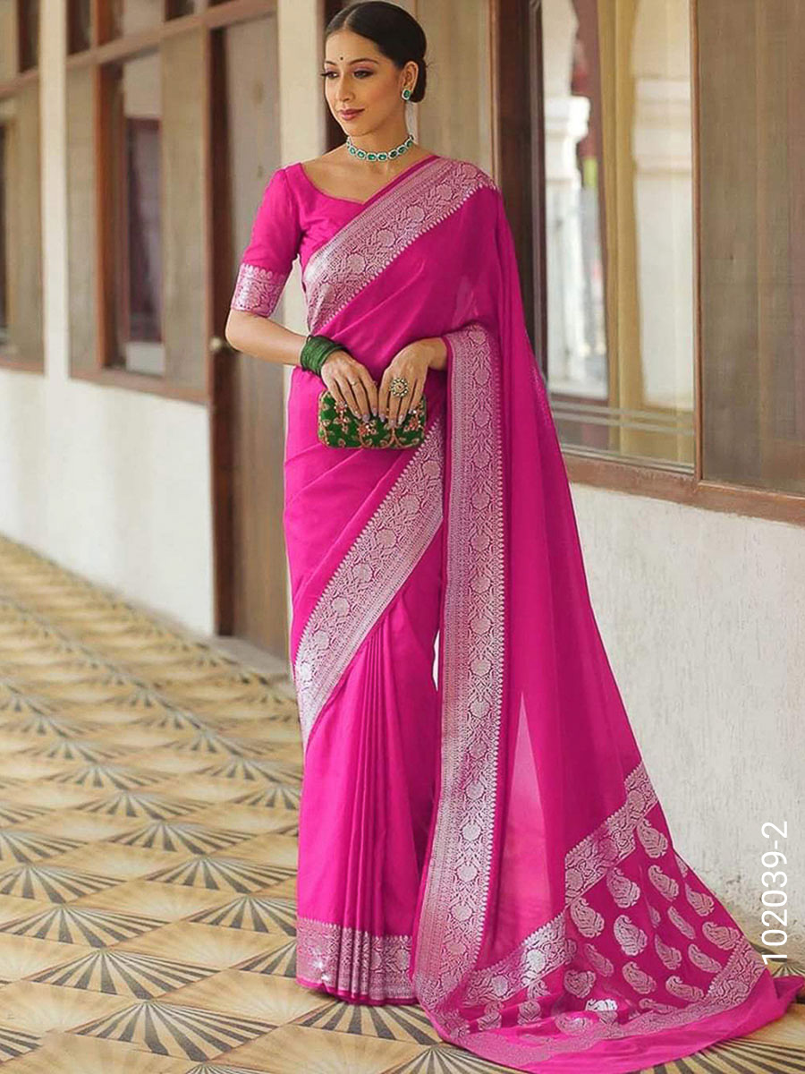 Soft Silk Zari Work Plain Banarasi Saree view 3
