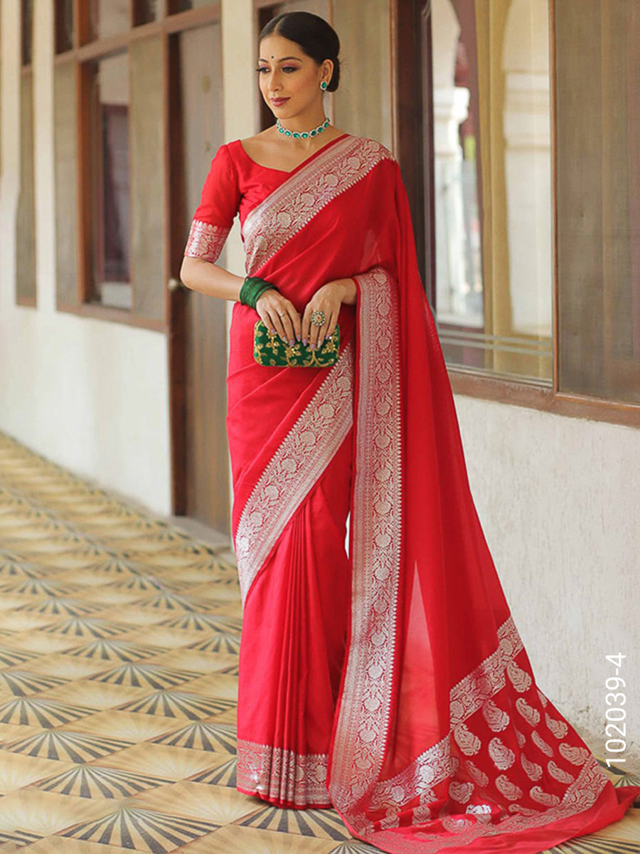 Soft Silk Zari Work Plain Banarasi Saree view 5