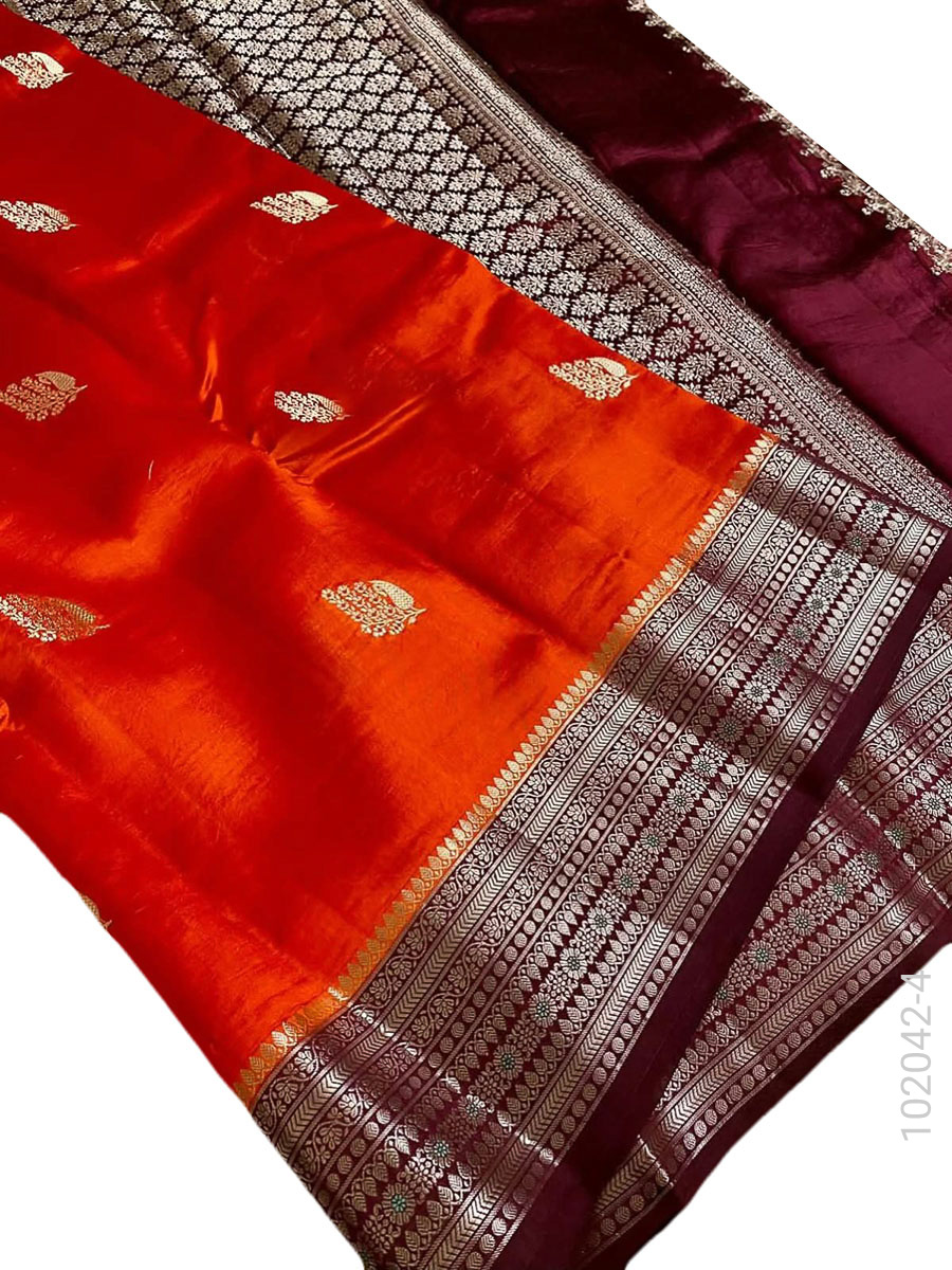Katan Silk Zari Work Buti Banarasi Saree view 5