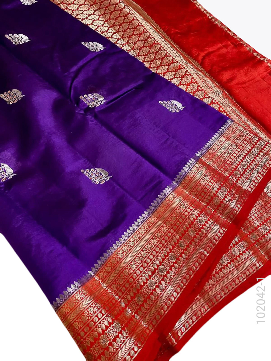 Katan Silk Zari Work Buti Banarasi Saree fabric close-up