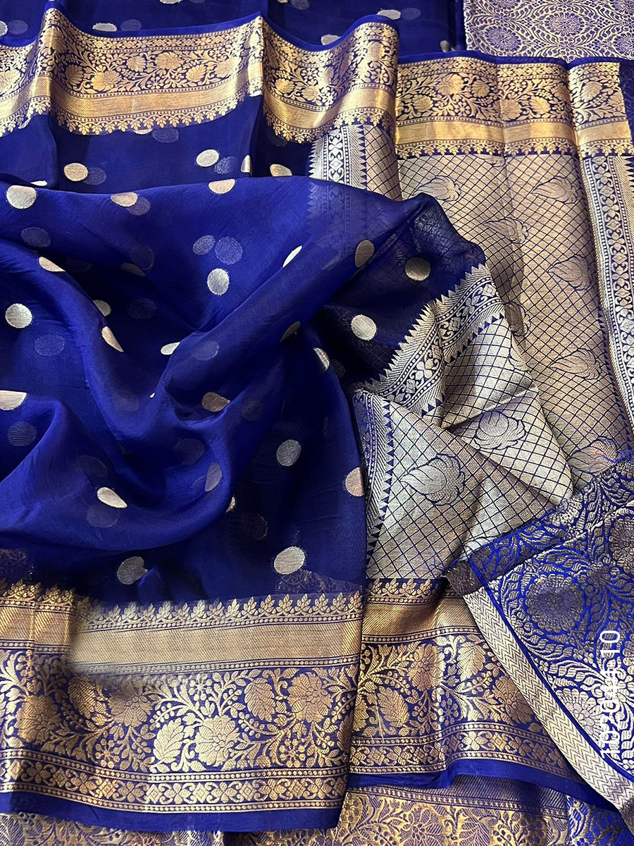 Kora Organza Zari Work Dollar Buti Banarasi Saree view 11