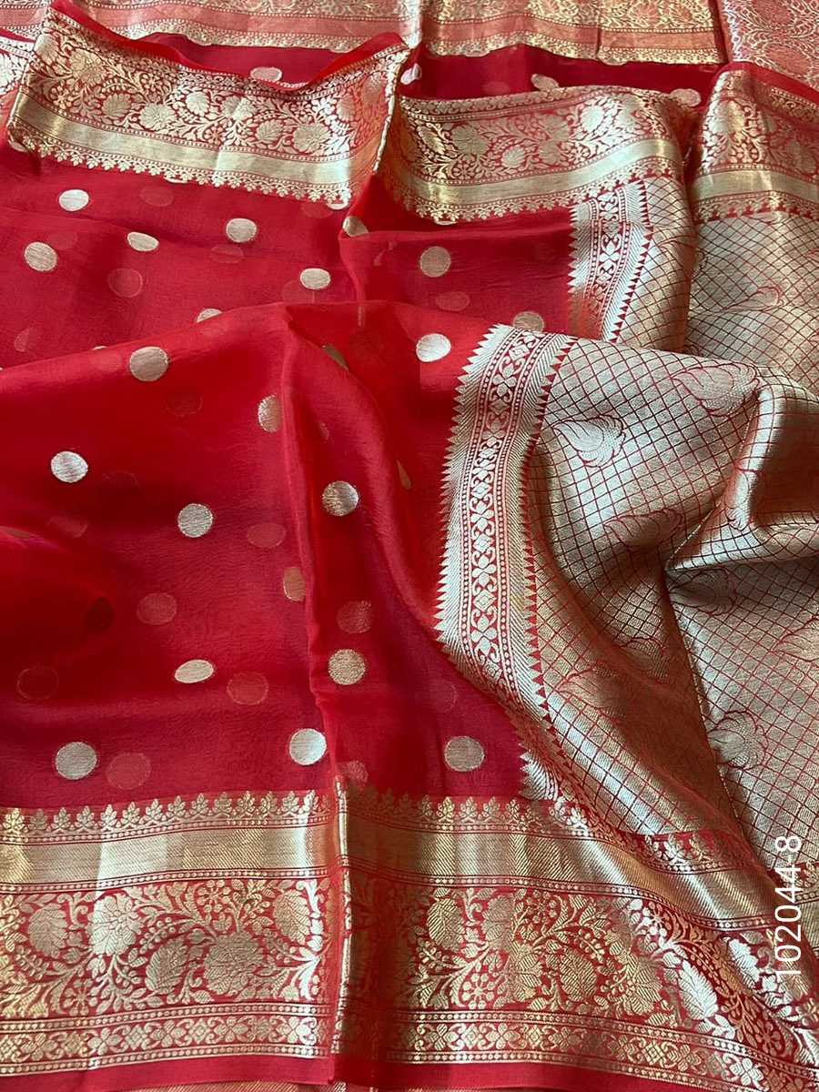 Kora Organza Zari Work Dollar Buti Banarasi Saree view 9