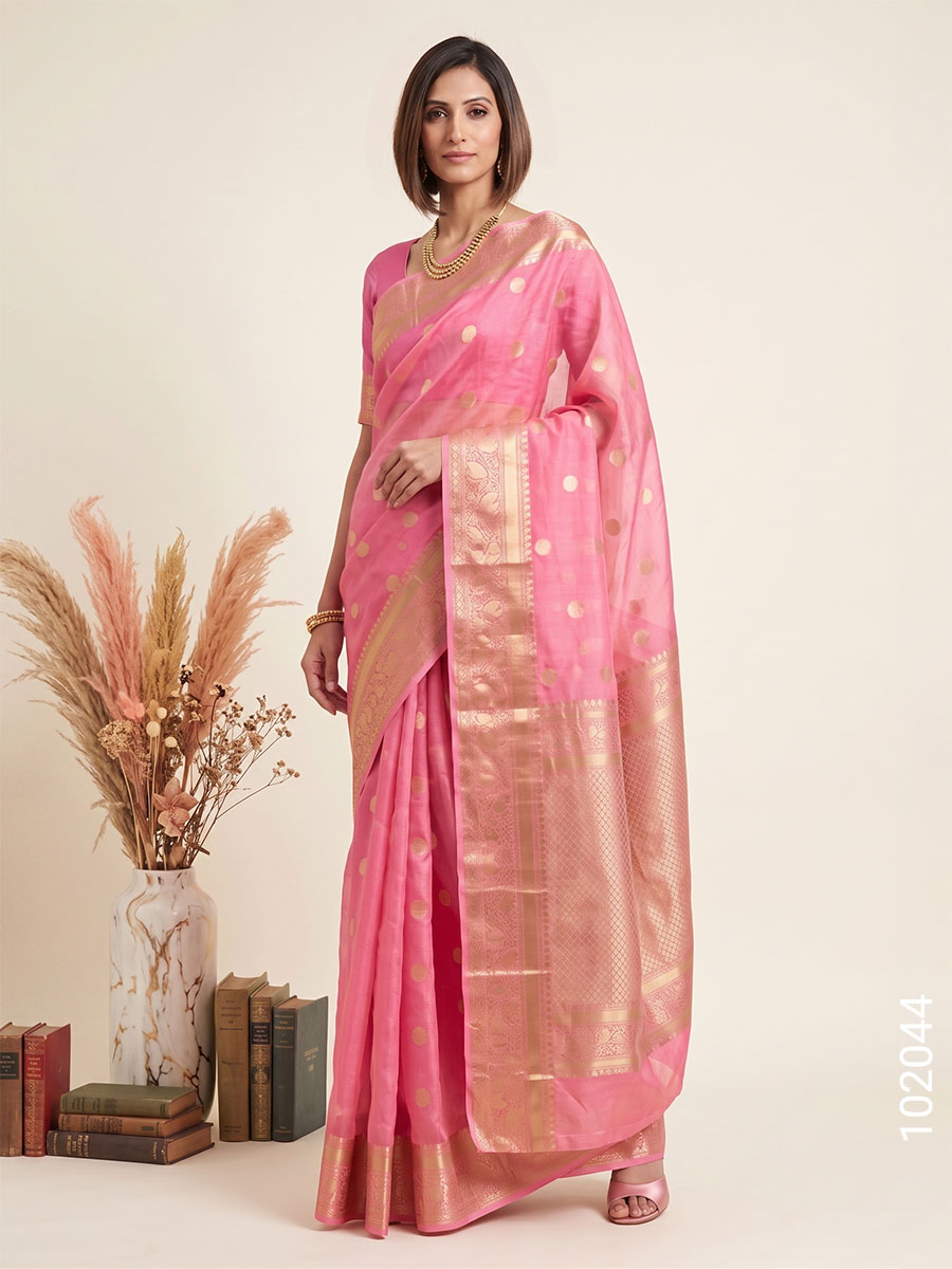 Kora Organza Zari Work Dollar Buti Banarasi Saree