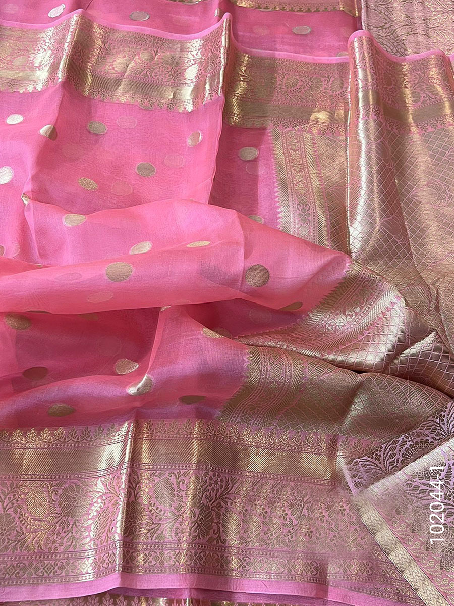 Kora Organza Zari Work Dollar Buti Banarasi Saree fabric close-up