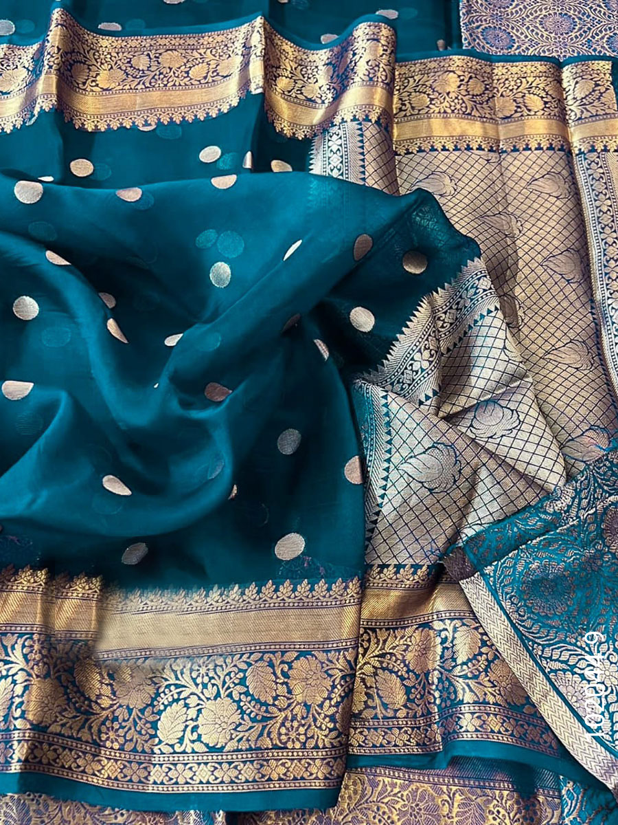 Kora Organza Zari Work Dollar Buti Banarasi Saree view 10