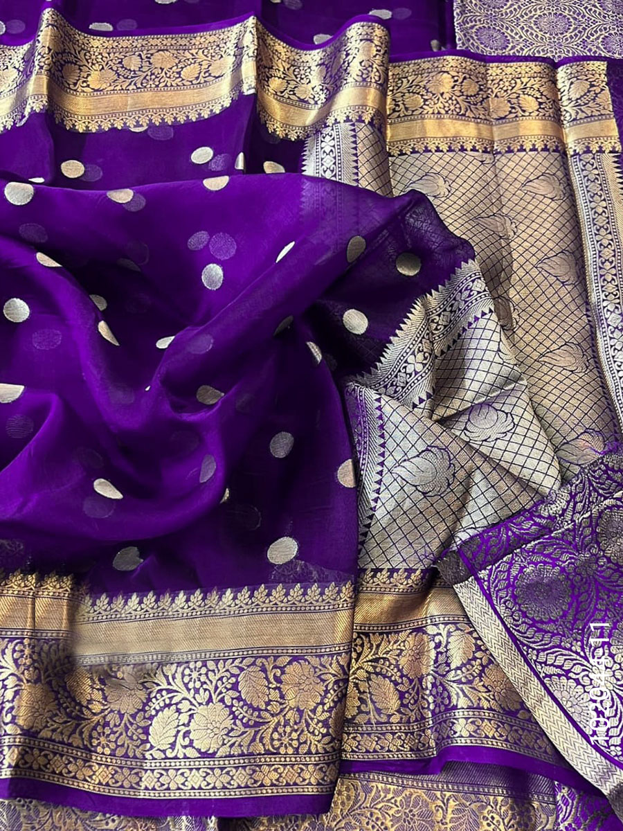 Kora Organza Zari Work Dollar Buti Banarasi Saree view 12