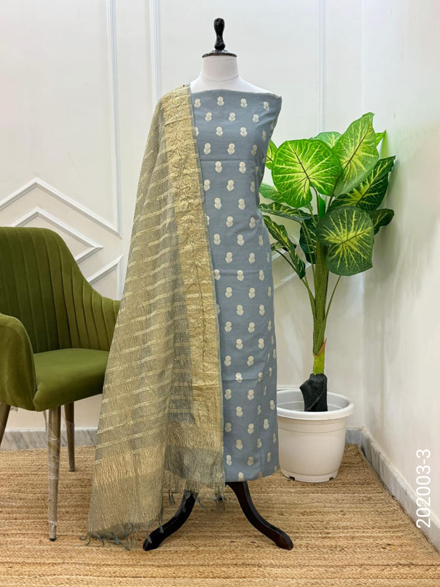 Cotton Zari Buti Work Banarasi Suit With Tissue Dupatta view 4