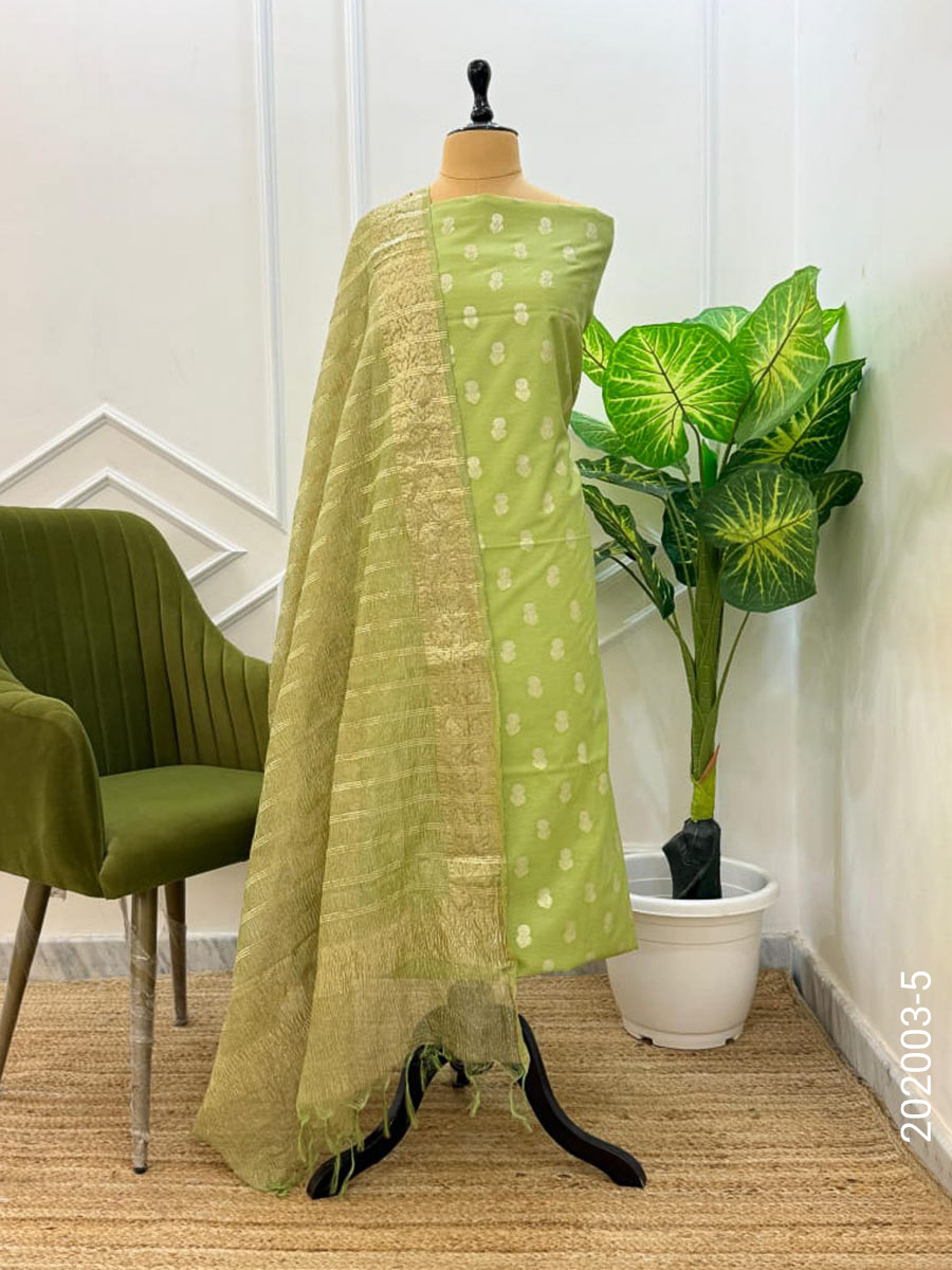 Cotton Zari Buti Work Banarasi Suit With Tissue Dupatta view 6