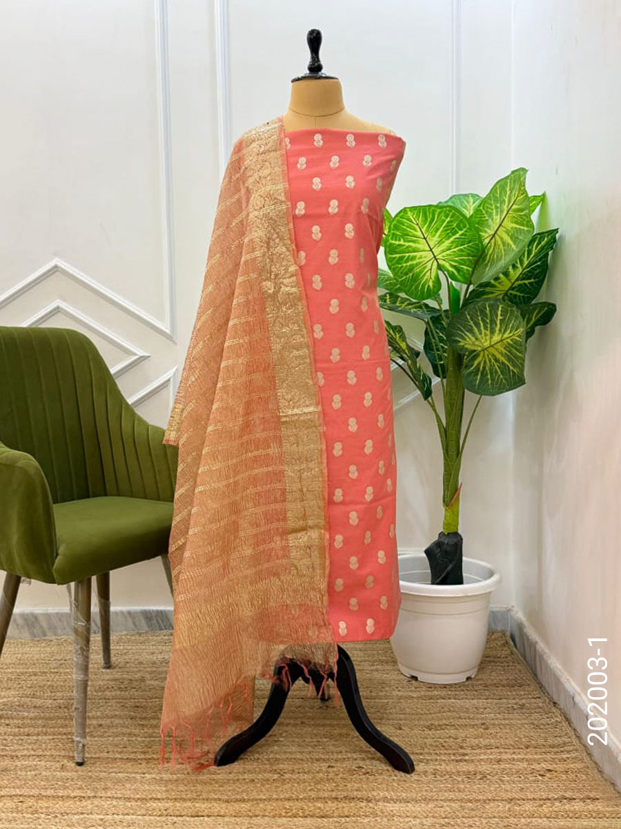 Cotton Zari Buti Work Banarasi Suit With Tissue Dupatta view 2