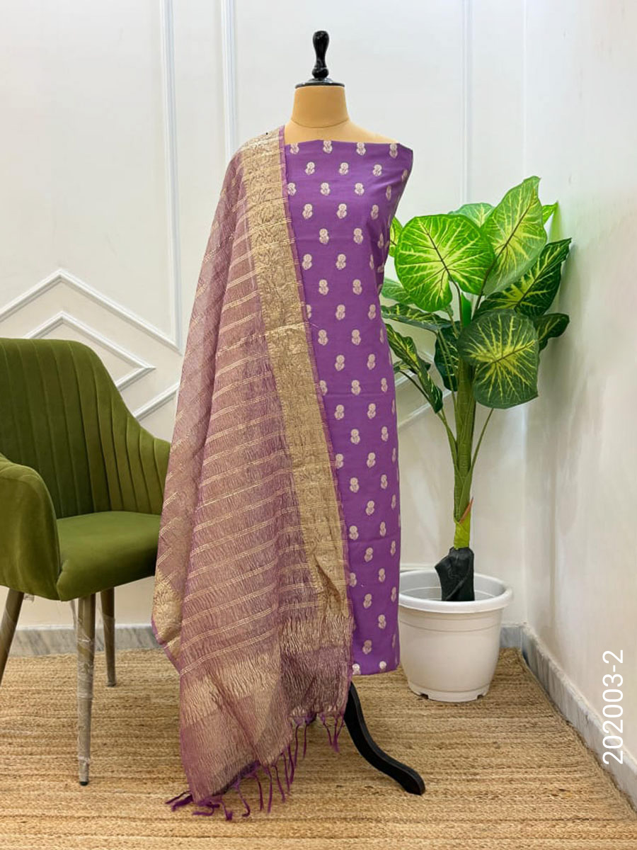 Cotton Zari Buti Work Banarasi Suit With Tissue Dupatta view 3