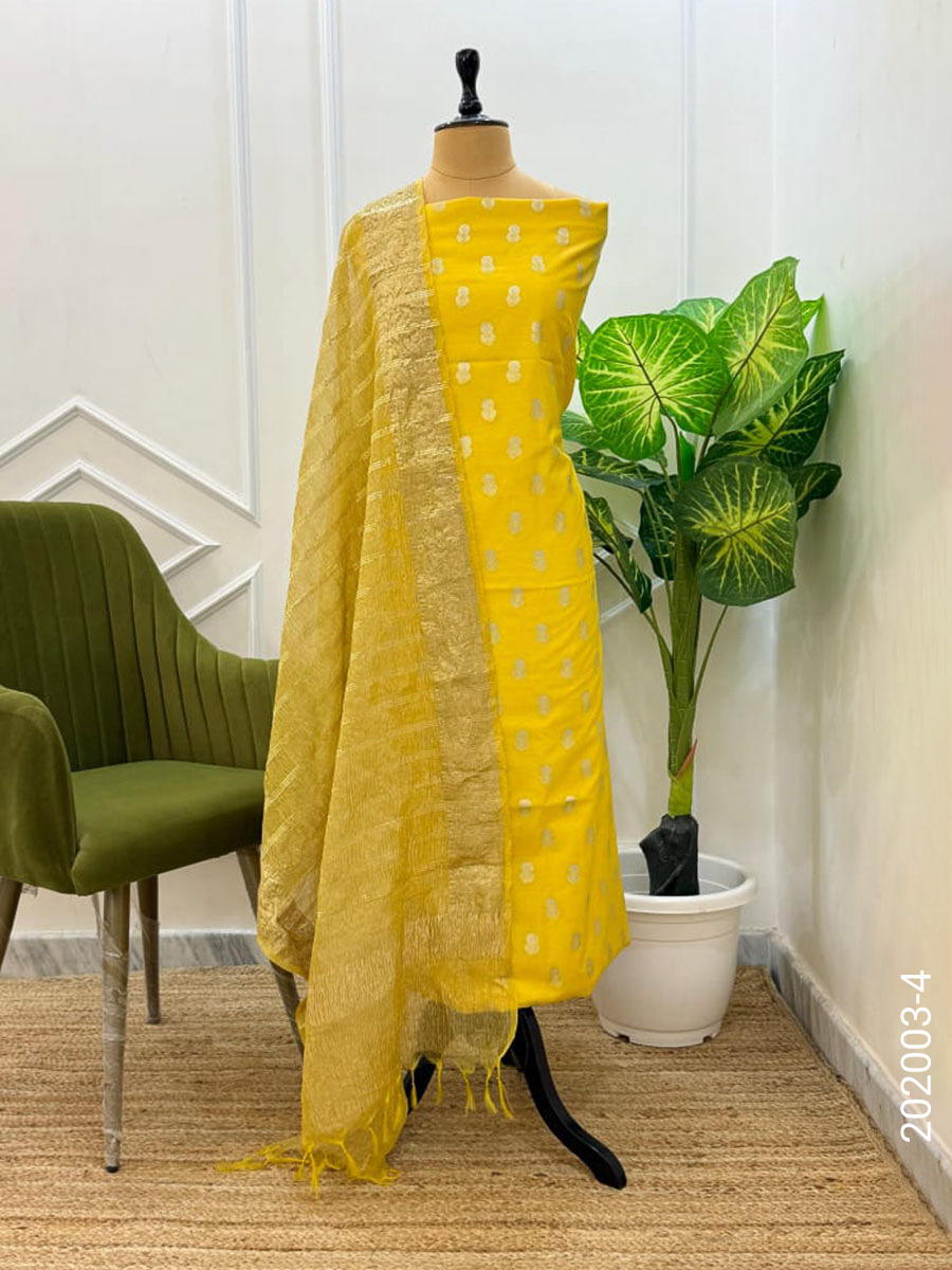 Cotton Zari Buti Work Banarasi Suit With Tissue Dupatta view 5