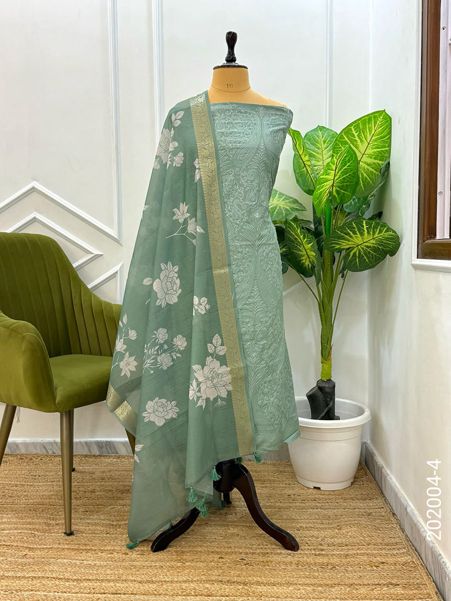 Chanderi Designer Floral Work Banarasi Suit With Dupatta view 5